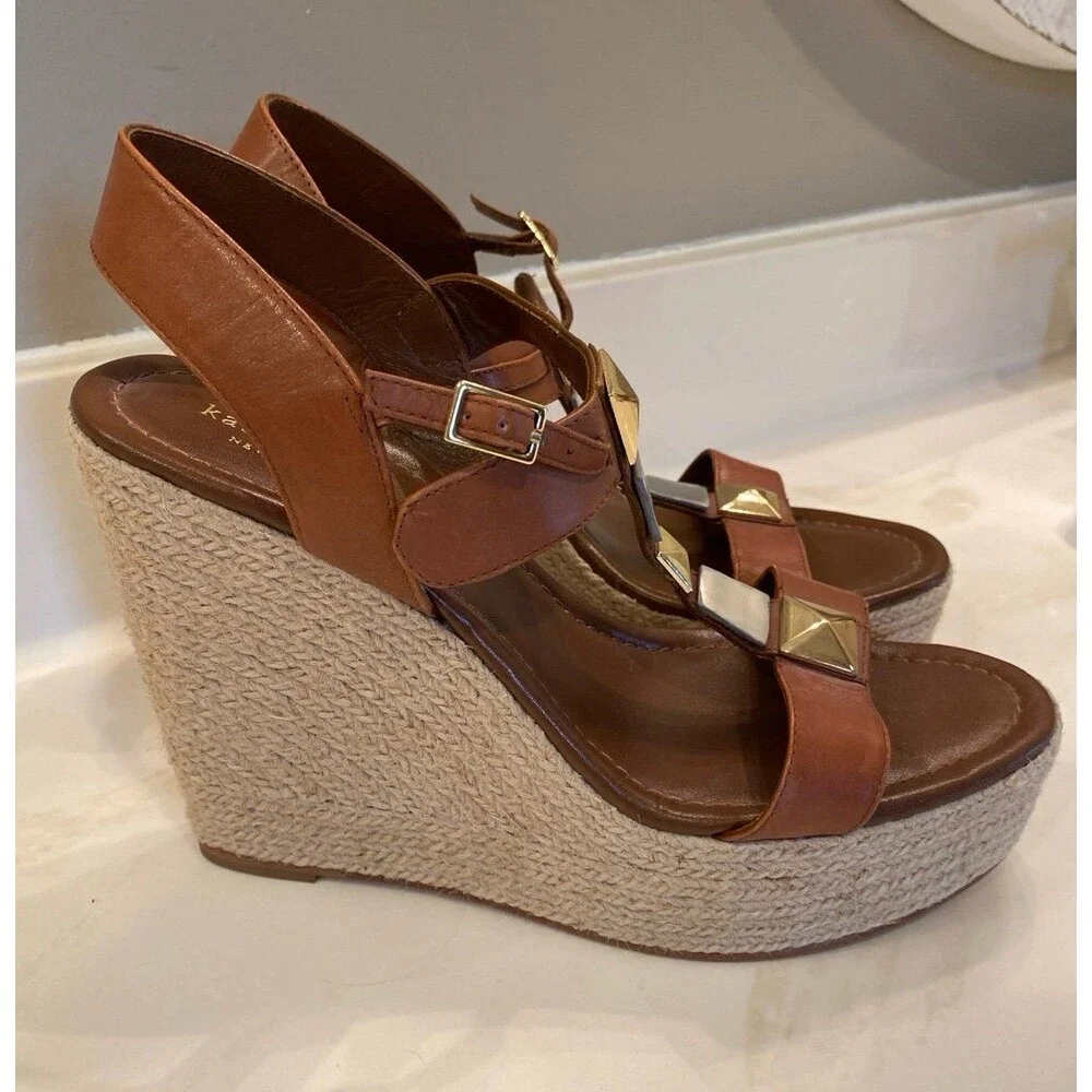 Kate Spade Studded Espadrille Platform Wedge Sandals Brown Leather Size 10 - Picture 6 of 12